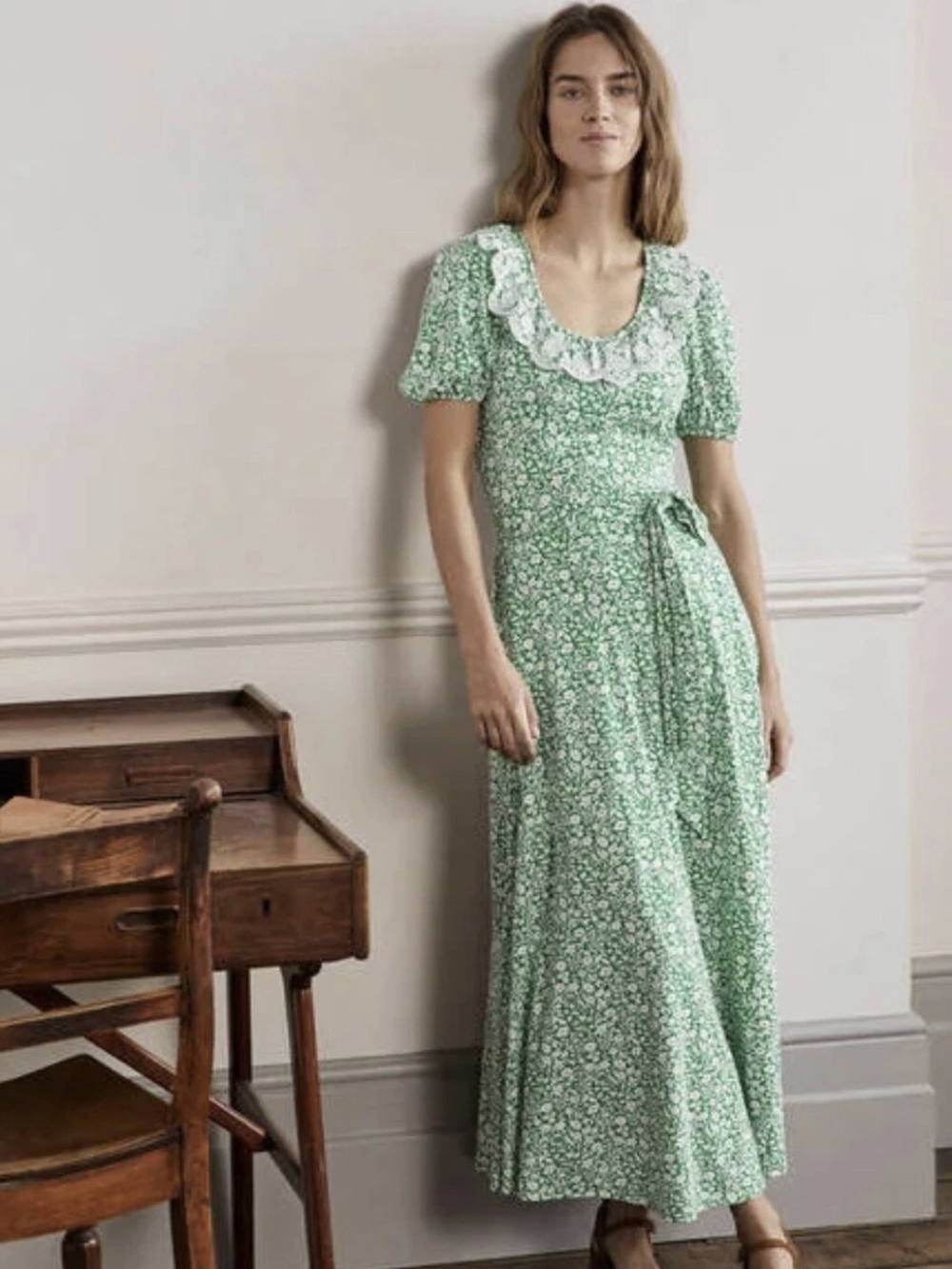 NWT New Boden Trim Floral Green Spring Jersey Midi Dress Us 20-22r - Picture 2 of 7
